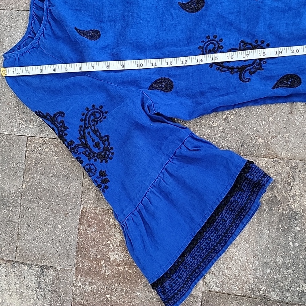 Charter Club Cobalt Blue & Black Embroidery Flutter Sleeve Linen Shirt Sz XL - Picture 12 of 12